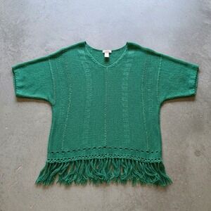Chico's Crochet Boho Fringe‎ Hem Top Green Small